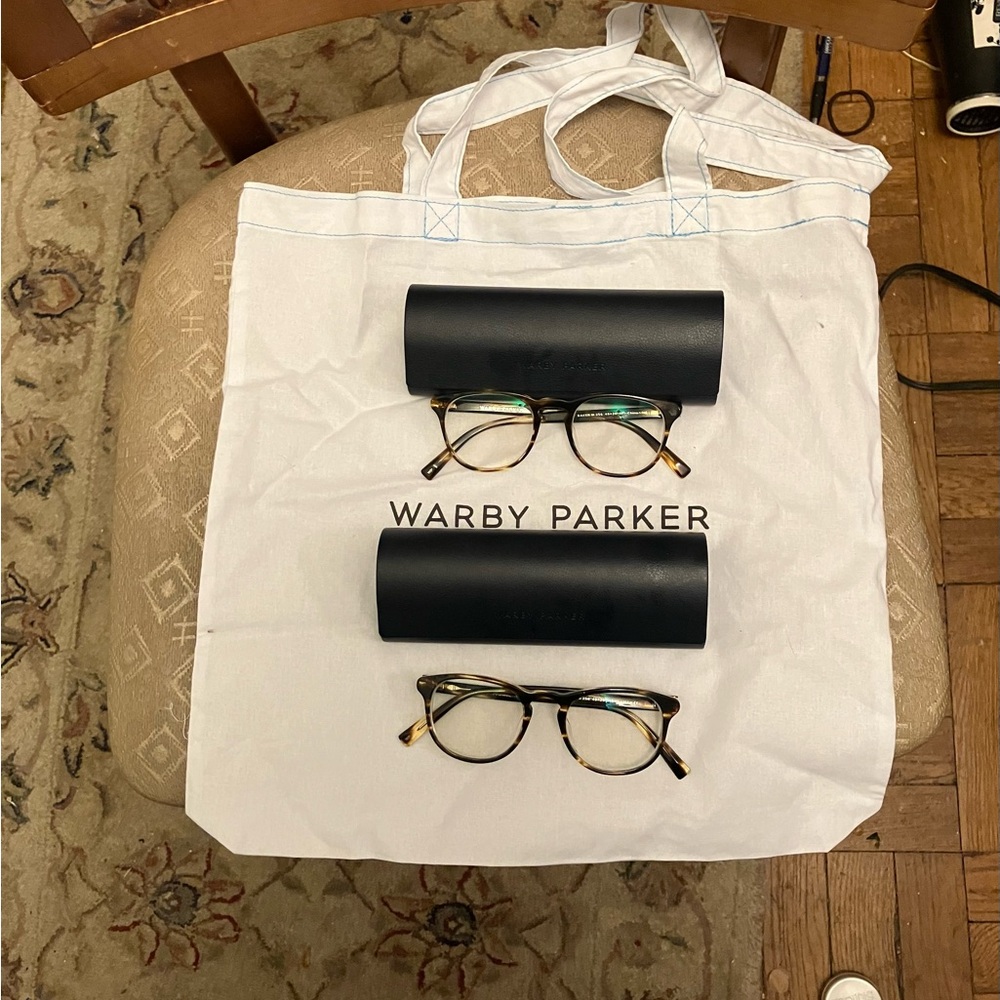 Warby Parker 256 Baker 49 20 145 Tortoise Glass Cases, polishing cloth and  bag